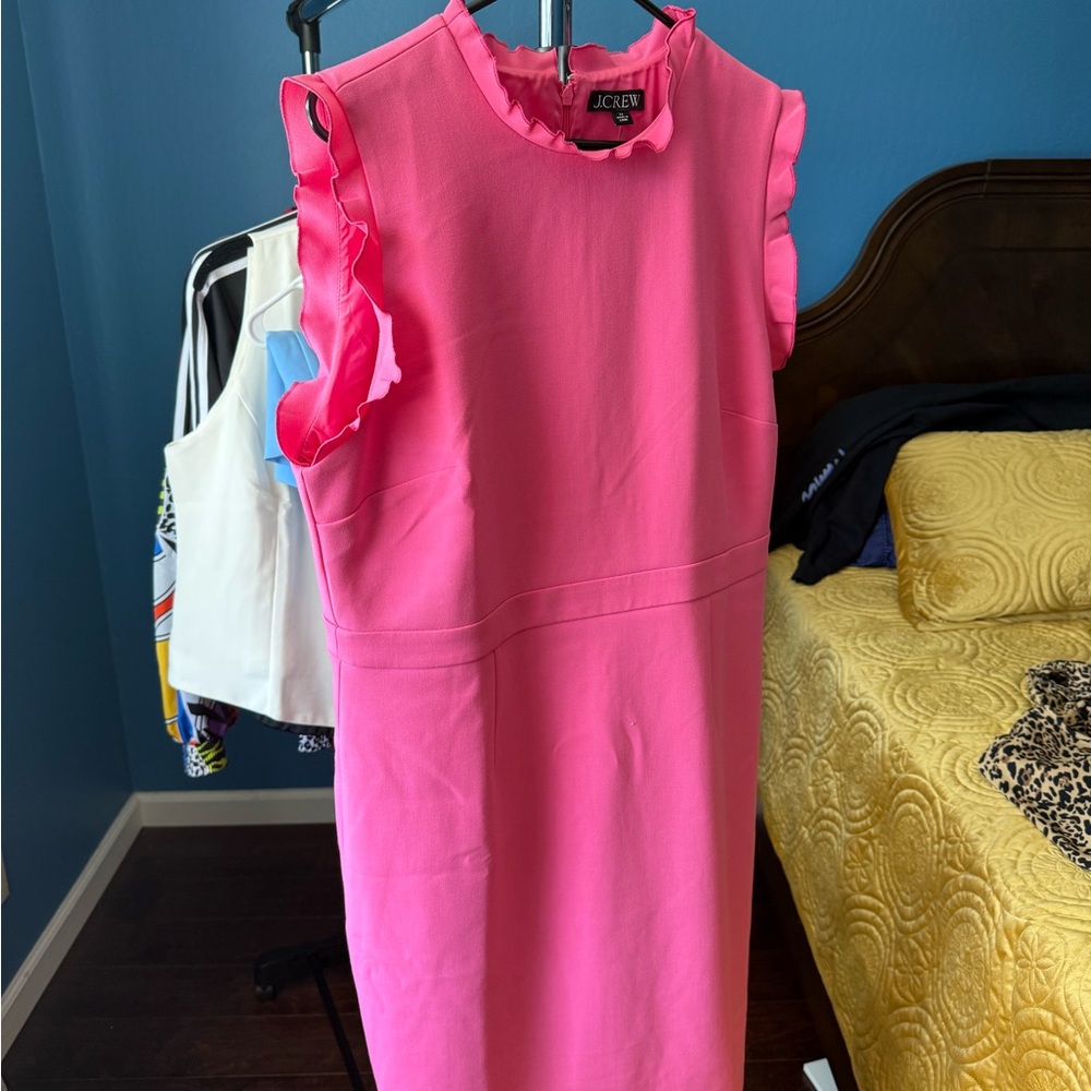 J. Crew Pink Midi Sheath Dress Mock Neck Flutter Sleeve